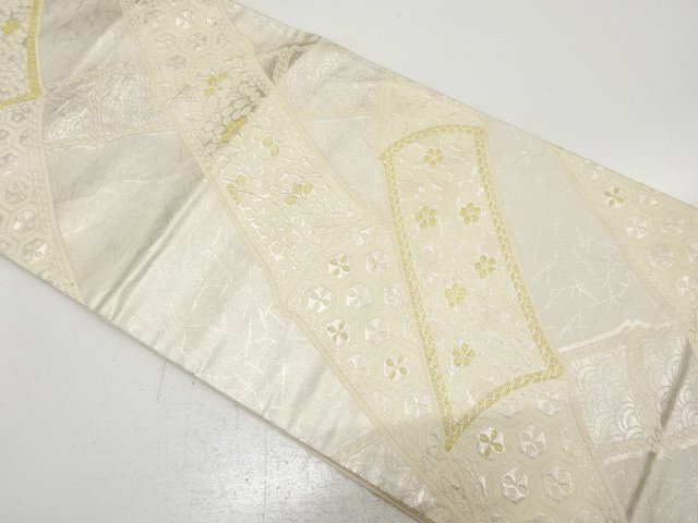 JAPANESE KIMONO / ANTIQUE FUKURO OBI / SILK / WOVEN BAMBOO & UME & HAGI